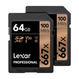 Lexar Professional SDXC Memory Card, 667x 64GB, Class 10, UHS-I, U3, BL NA, 2/PK