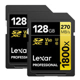 Lexar Professional SDXC Memory Card, 1800x 128GB, Class 10, UHS-II, U3, GOLD Series, 2/PK