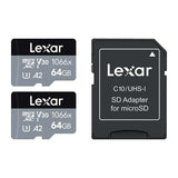 Lexar Professional MicroSDXC, 64GB, 1066x UHS-I, Class 10,  W/ Adapter, 2/PK