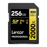 Lexar Professional SDXC Memory Card, 2000x, 256GB Class 10, V90, UHS-II, U3 W/O Reader, R300/W260MBs